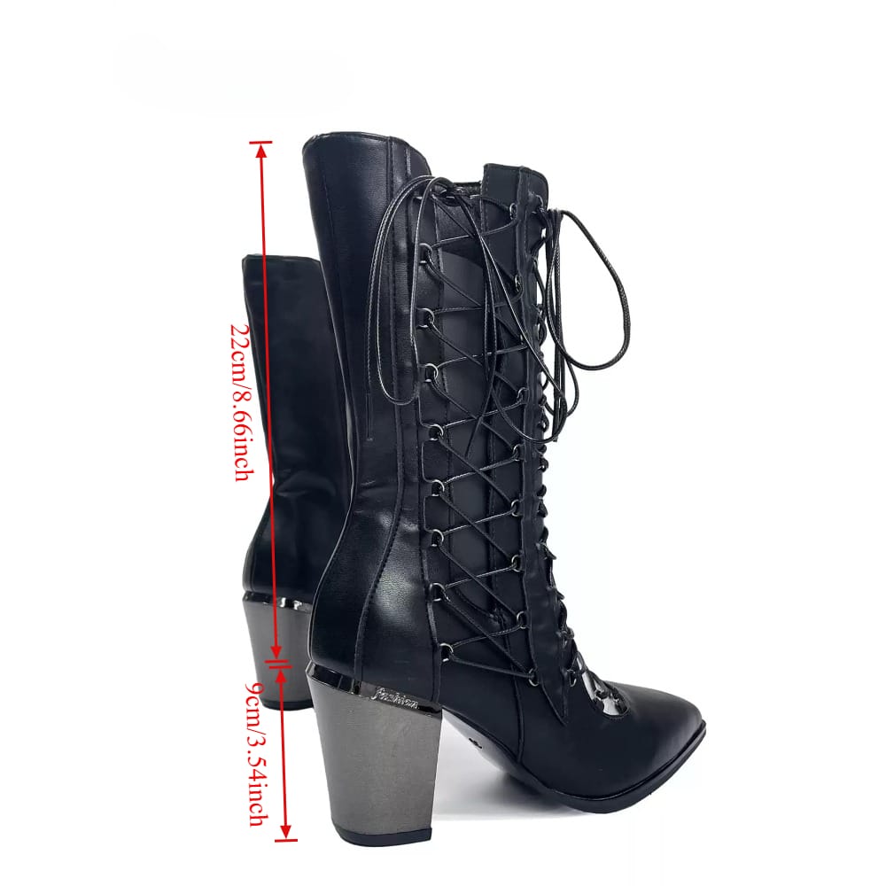 Kobine Women's Punk Criss‑cross Lace-up Cutout Pointed‑Toe Block Heel Boots