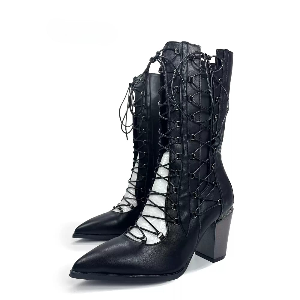 Kobine Women's Punk Criss‑cross Lace-up Cutout Pointed‑Toe Block Heel Boots