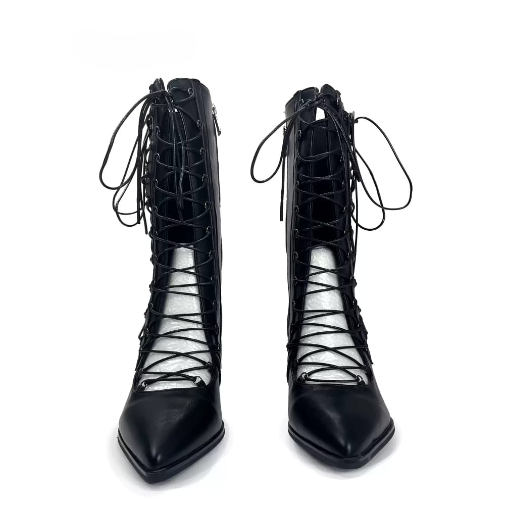 Kobine Women's Punk Criss‑cross Lace-up Cutout Pointed‑Toe Block Heel Boots