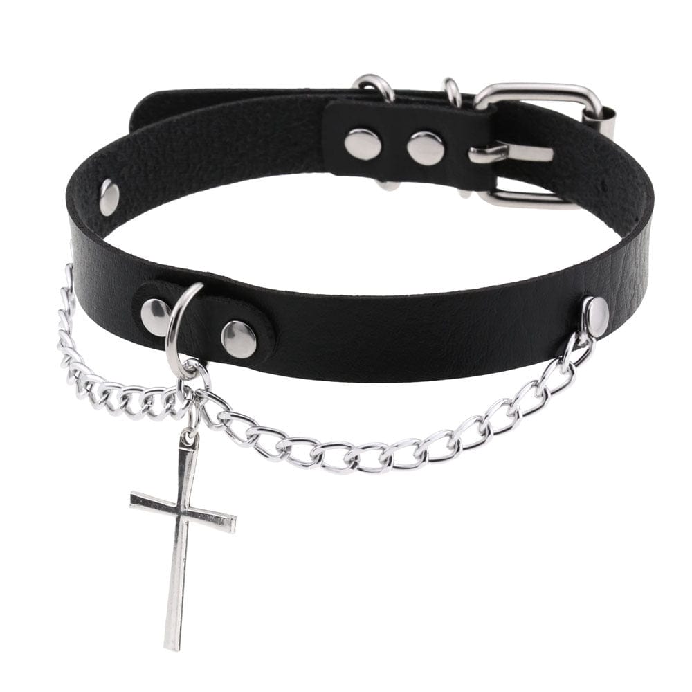 Kobine Women's Punk Cross Buckle Choker with Chain