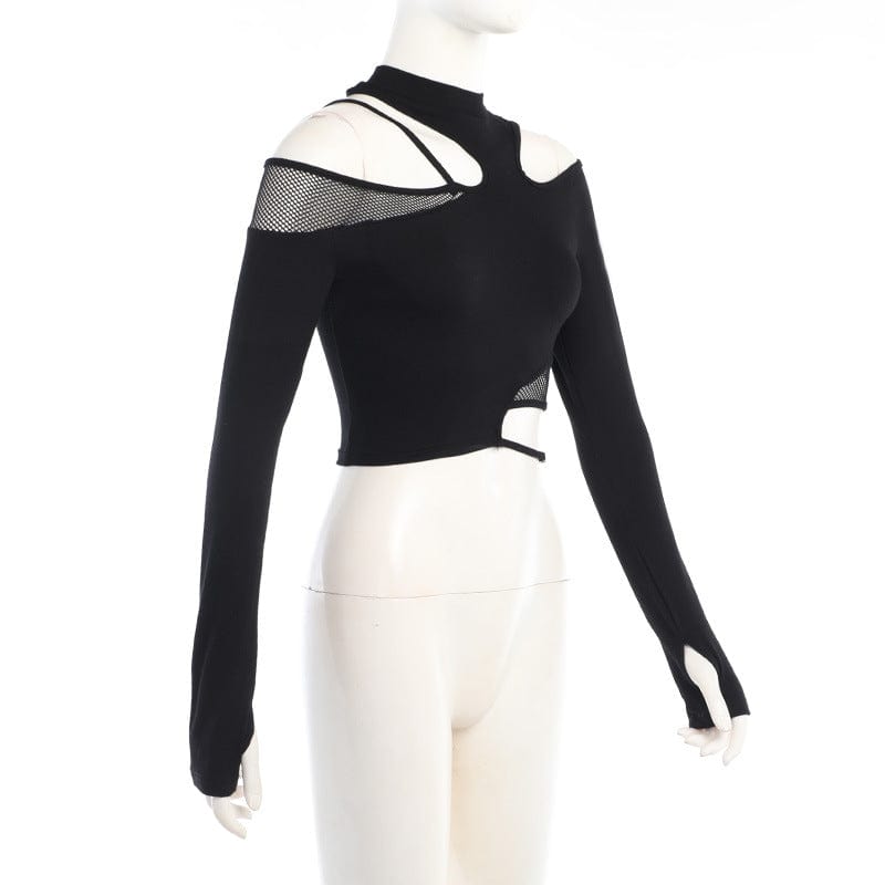 Kobine Women's Punk Cutout Mesh Splice Crop Top