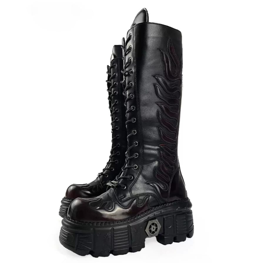 Kobine Women's Punk Flame Applique Lace-up Round‑Toe Platform Chunky Sole Motorcycle Boot