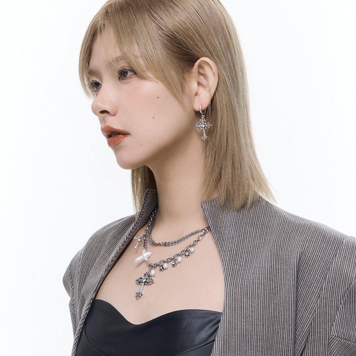 Kobine Women's Punk Floral Cross Layered Pearl Necklace