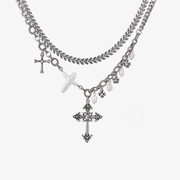 Kobine Women's Punk Floral Cross Layered Pearl Necklace