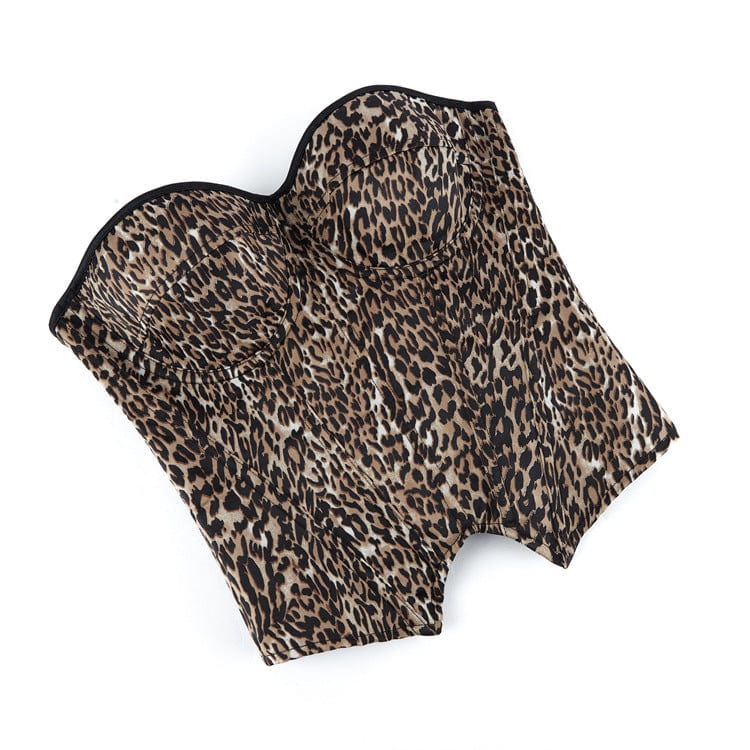 Kobine Women's Punk Irregular Leopard Printed Lace-up Overbust Corset