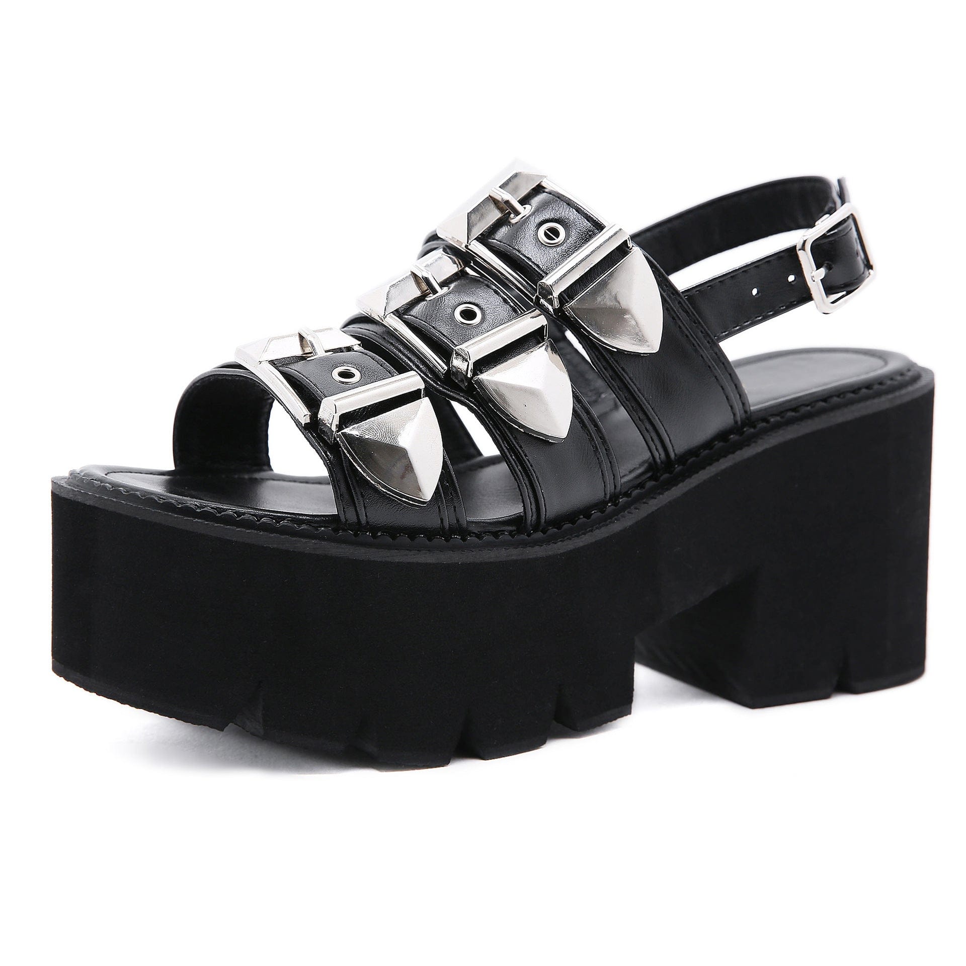 Kobine Women's Punk Layered Buckles Peep-toe Platform Sandals