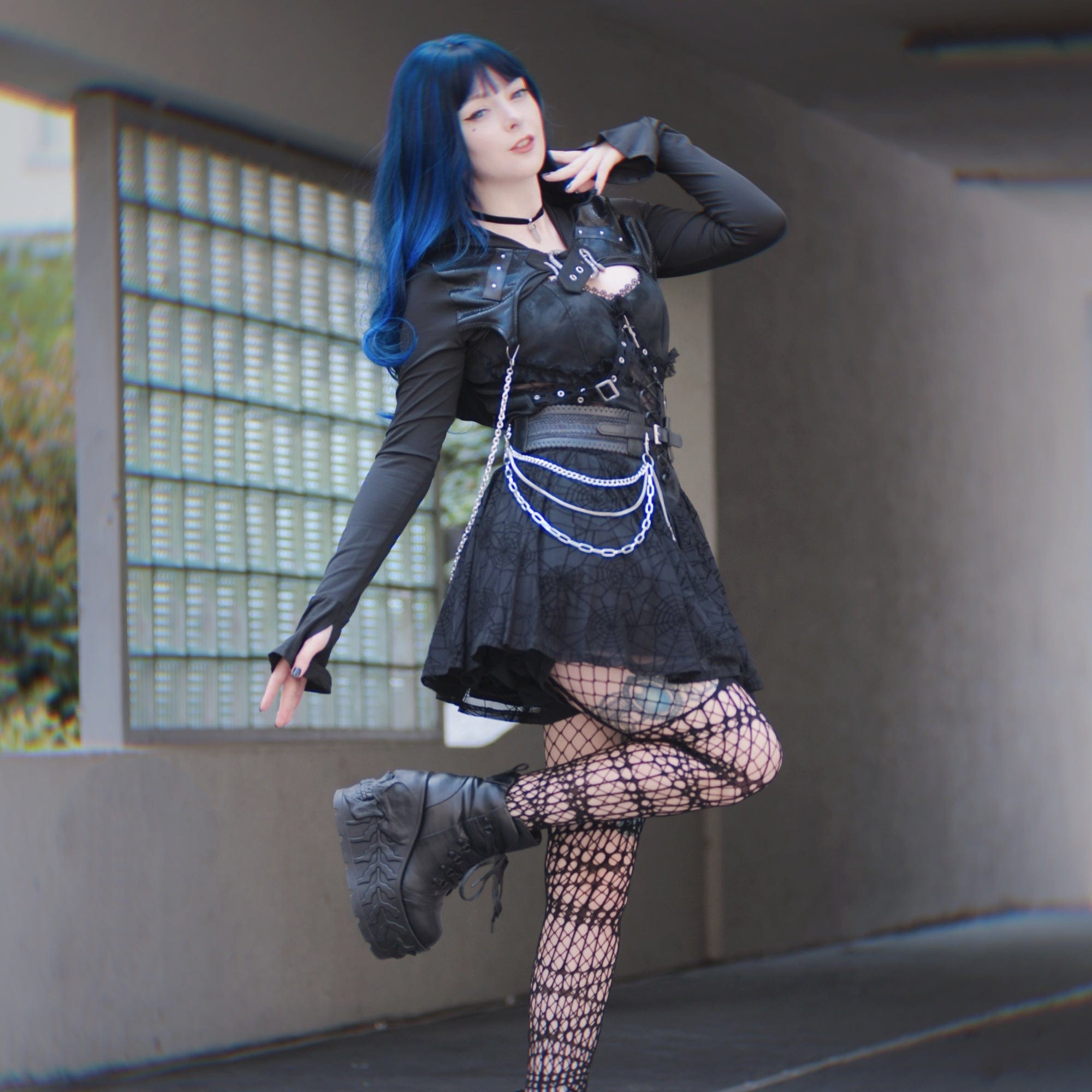 Kobine Women's Punk Mesh Splice Snake Buckle Cape with Hood