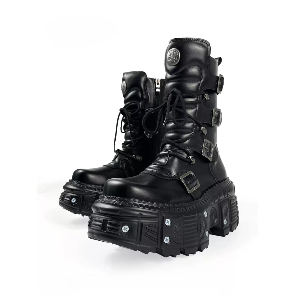 Kobine Women's Punk Multi Buckle Strap Side Zipper Stacked Platform Boots