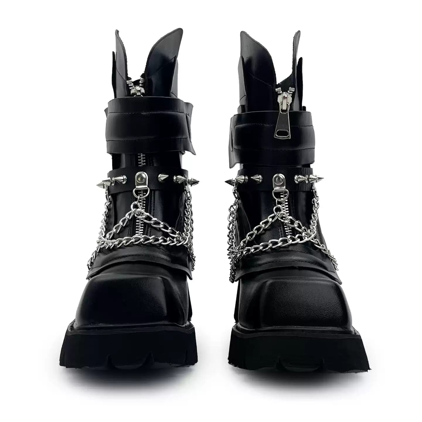 Kobine Women's Punk Spiked Chained Buckle Strap Square‑Toe Platform Block Heel Boots