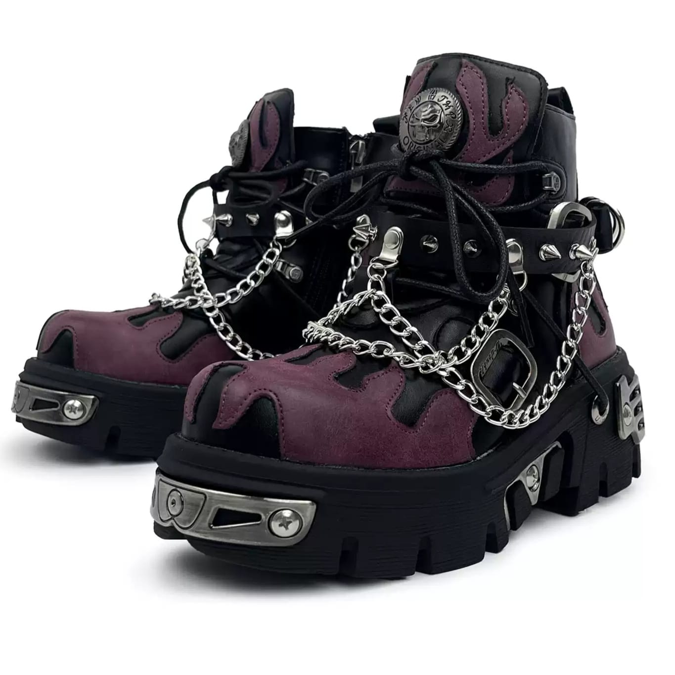 Kobine Women's Punk Spiked Chained Buckle Strap Two‑Tone Platform Chunky Sole Shoes