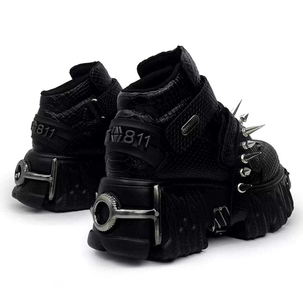 Kobine Women's Punk Spiked Strap Alligator Print Chunky Sole Shoes