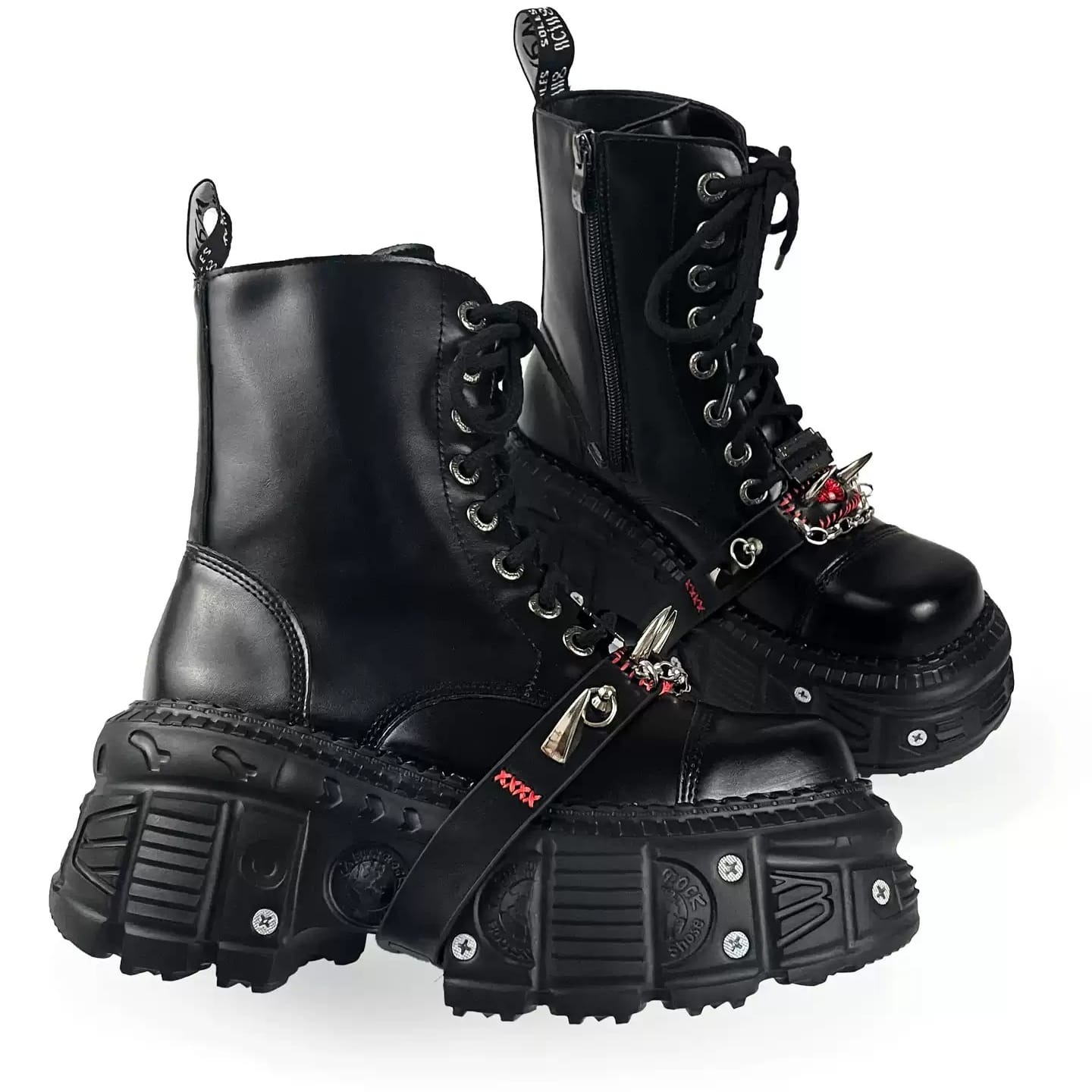 Kobine Women's Punk Spiked Strap Lace-up Side Zipper Platform Chunky Sole Boots