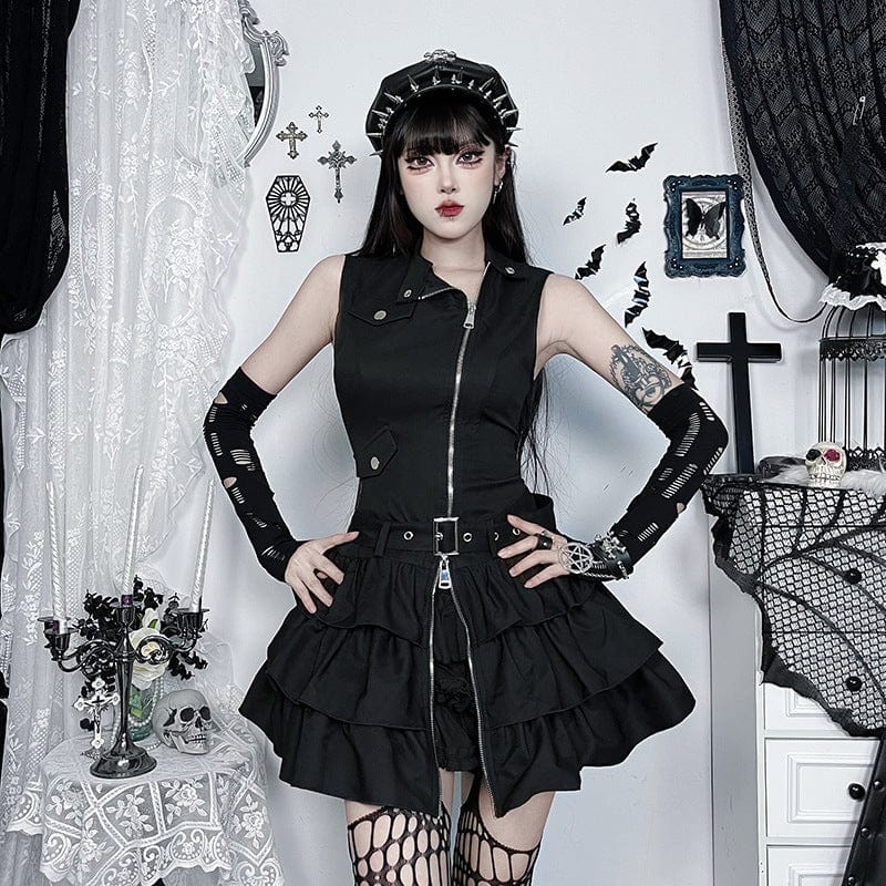 Kobine Women's Punk Stand Collar Zipper Layered Party Dress