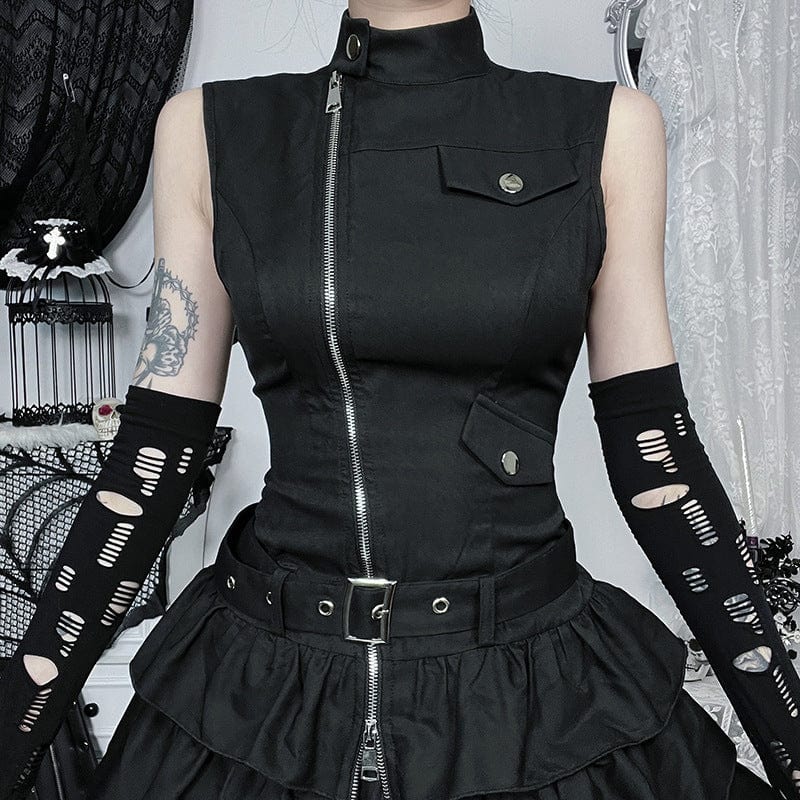 Kobine Women's Punk Stand Collar Zipper Layered Party Dress