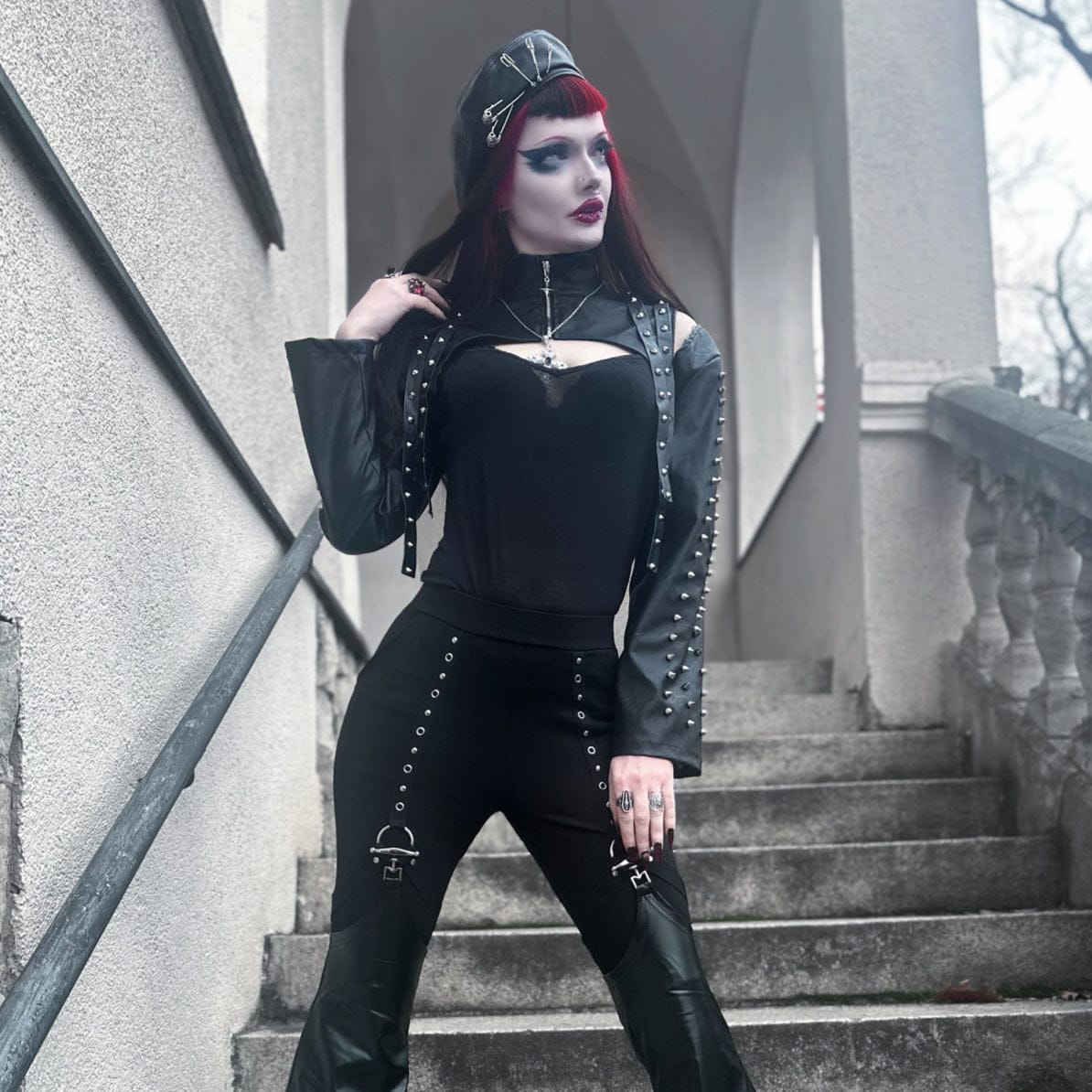 Kobine Women's Punk Strap Stud Zip Faux Leather Cape