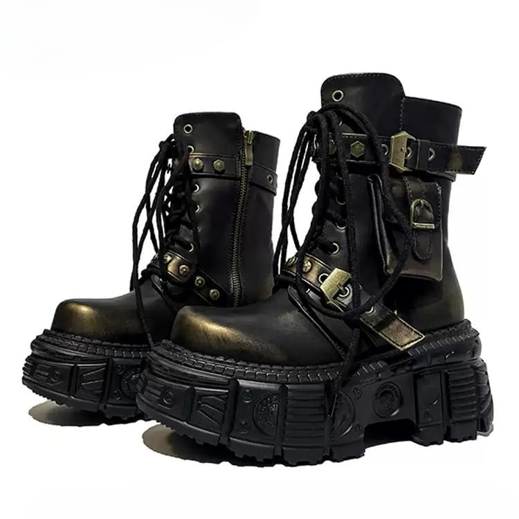 Kobine Women's Punk Studded Buckle‑Strap Lace‑up Platform Chunky Sole Ankle Boots