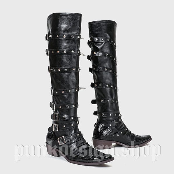 Kobine Women's Punk Studded Buckle-up Strap Knee-High Boots