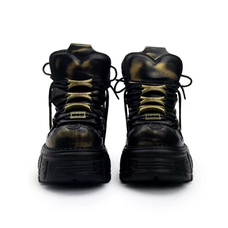 Kobine Women's Punk Two‑Tone Lace-up Round‑Toe Platform Chunky Sole Shoes
