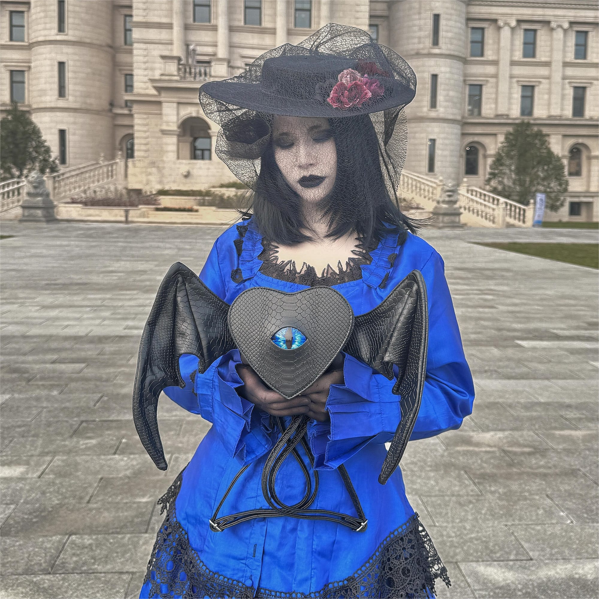 Nothing Here Women's Gothic Blue Devil Eye Bat Wing Heart Bag Black