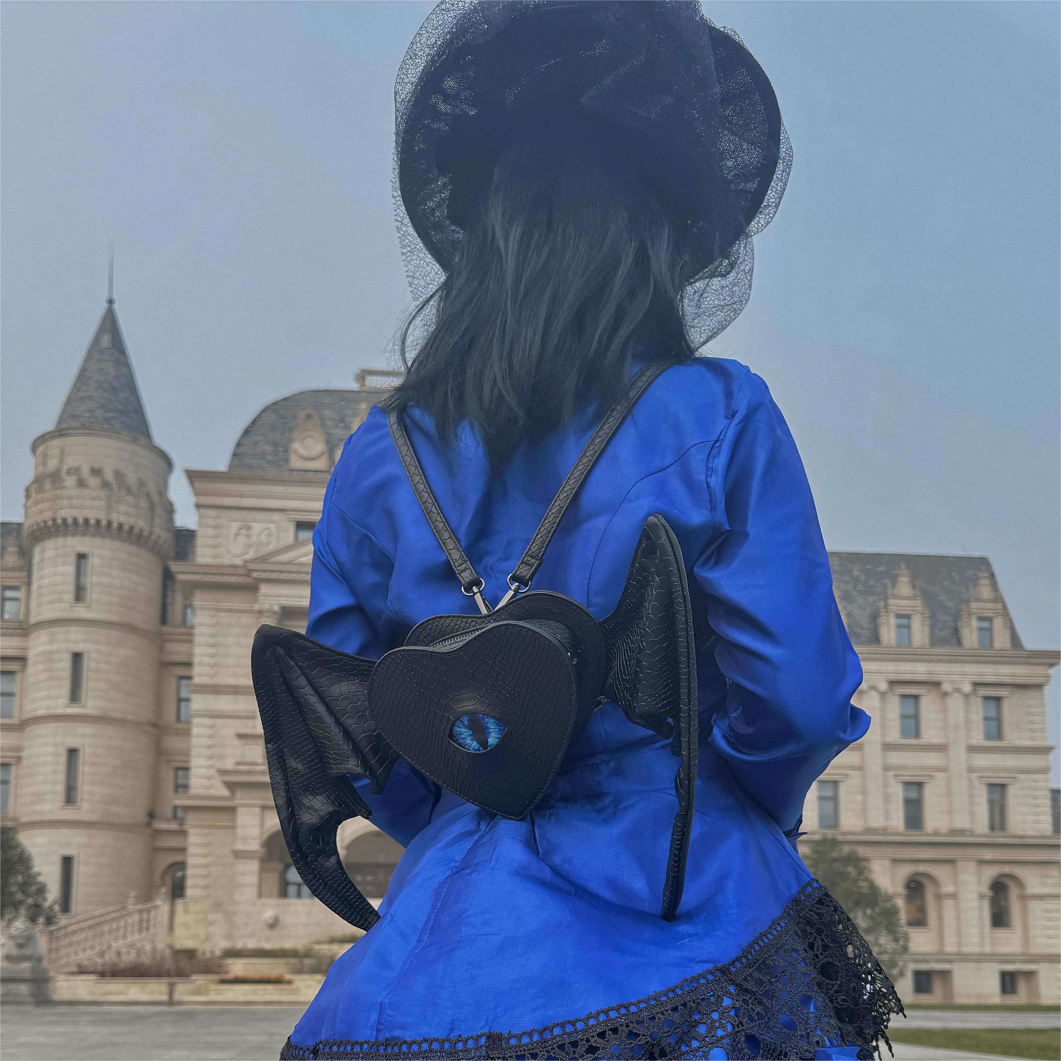 Nothing Here Women's Gothic Blue Devil Eye Bat Wing Heart Bag Black