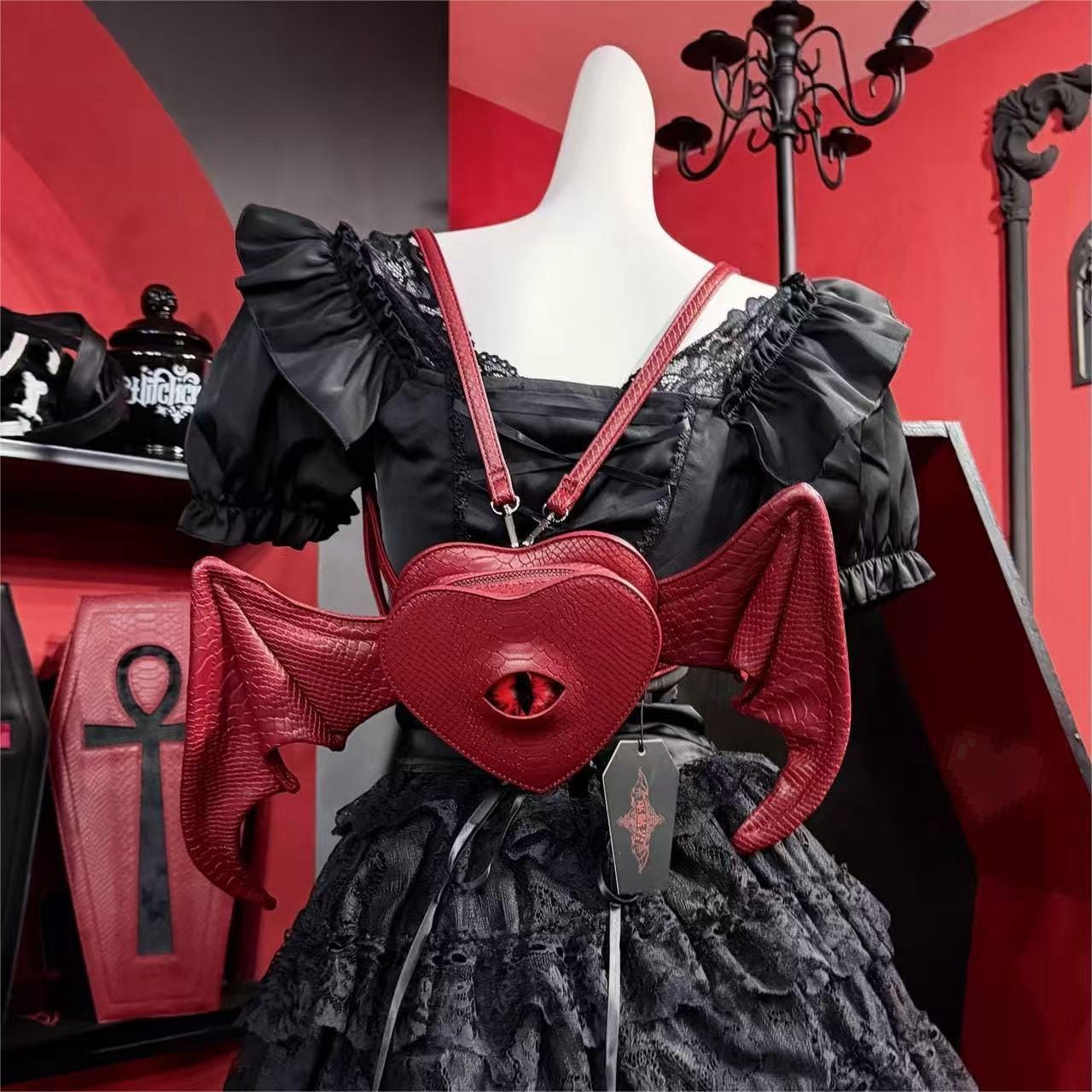 Nothing Here Women's Gothic Devil Eye Bat Wing Heart Bag Red