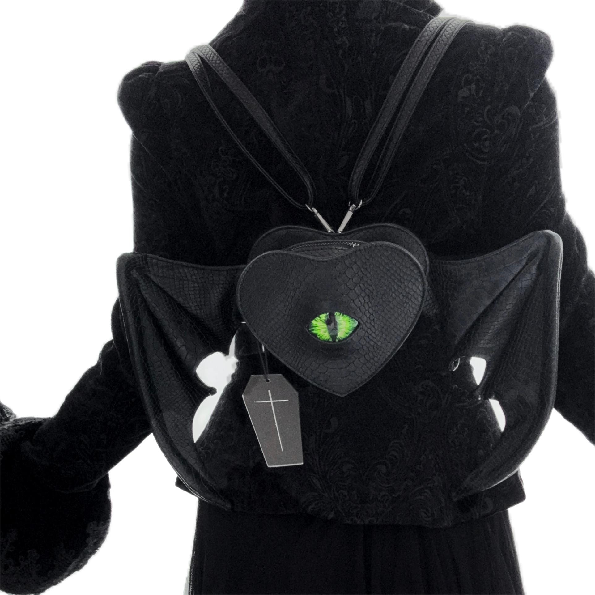 Nothing Here Women's Gothic Green Devil Eye Bat Wing Heart Bag Black