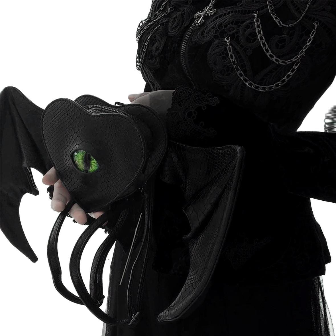 Nothing Here Women's Gothic Green Devil Eye Bat Wing Heart Bag Black