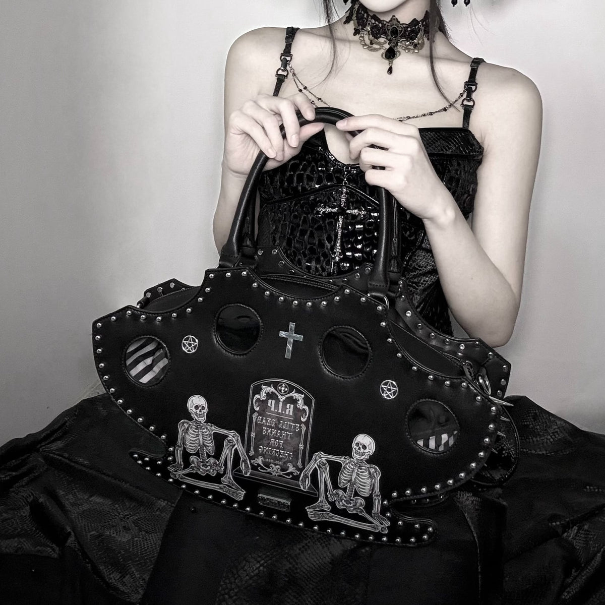 Nothing Here Women's Gothic Skull Rivets Tombstone Handbag