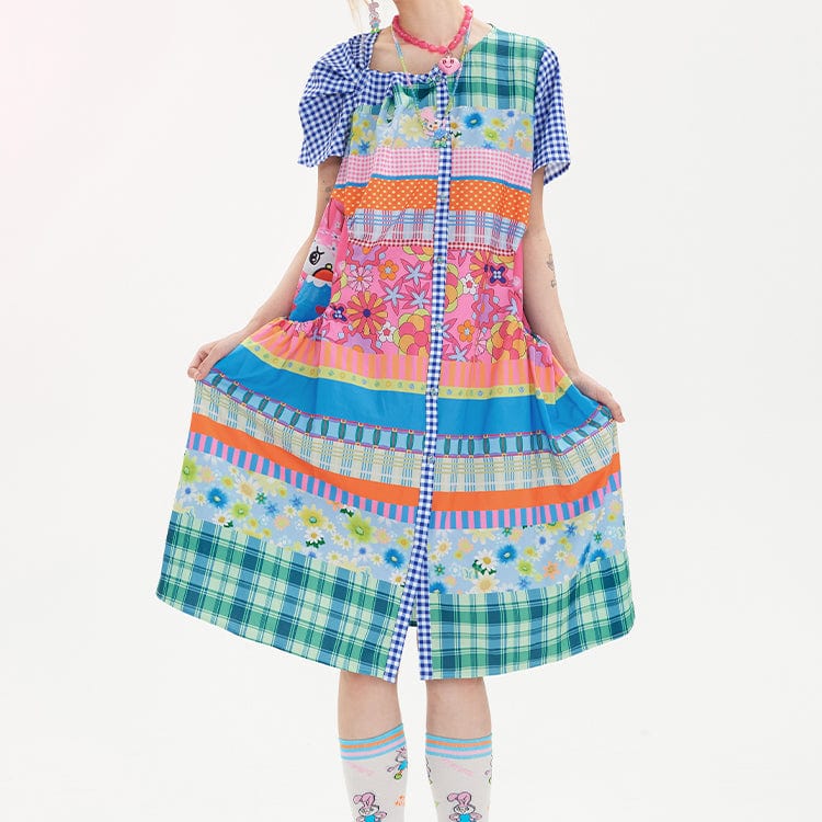 Pink Kawaii Women's Kawaii Knot Patchwork Plaid Dress