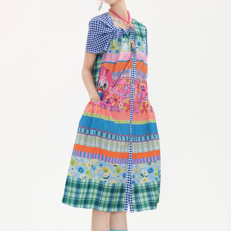 Pink Kawaii Women's Kawaii Knot Patchwork Plaid Dress