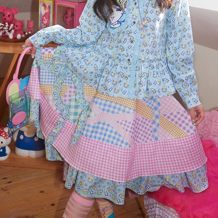 Pink Kawaii Women's Pink Kawaii Colorful Plaid Frill Splice Layered Skirt