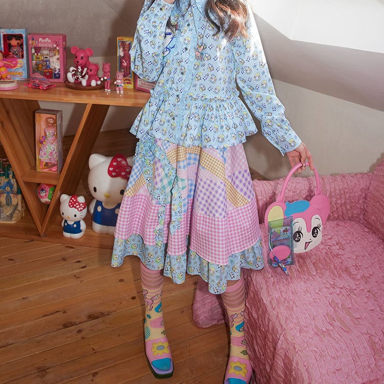 Pink Kawaii Women's Pink Kawaii Colorful Plaid Frill Splice Layered Skirt