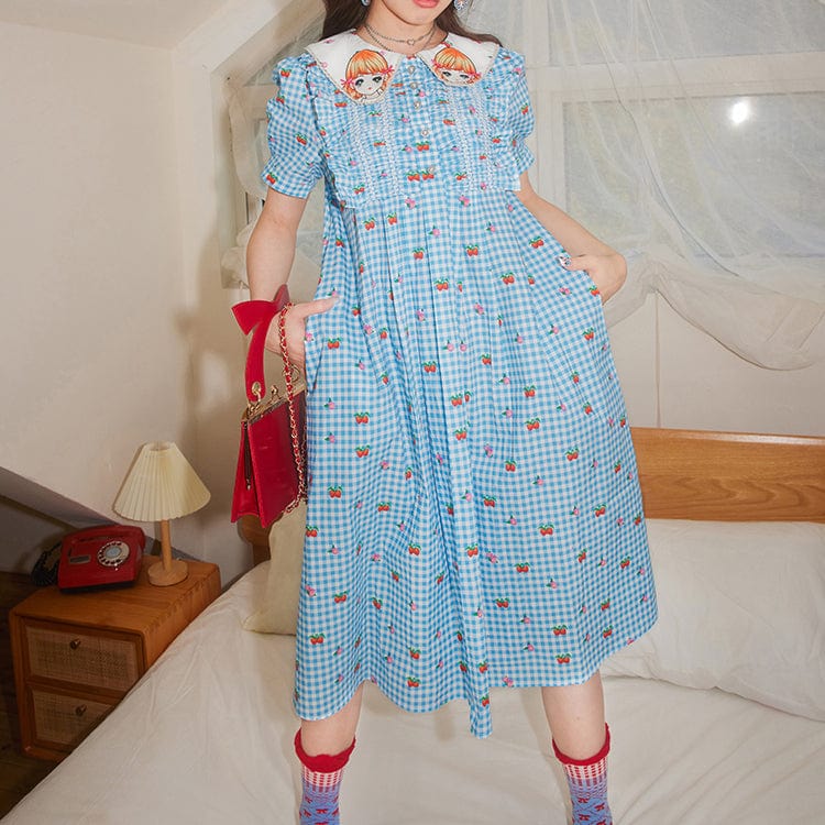 Pink Kawaii Women's Pink Kawaii Doll Collar Fruit Printed Plaid Dress