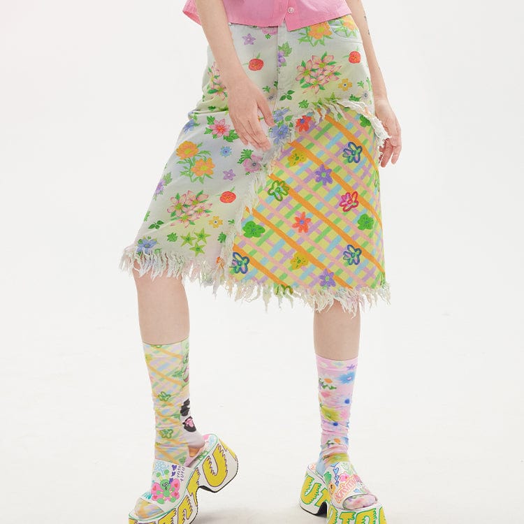 Pink Kawaii Women's Pink Kawaii Floral Printed Splice Plaid Unedged Skirt