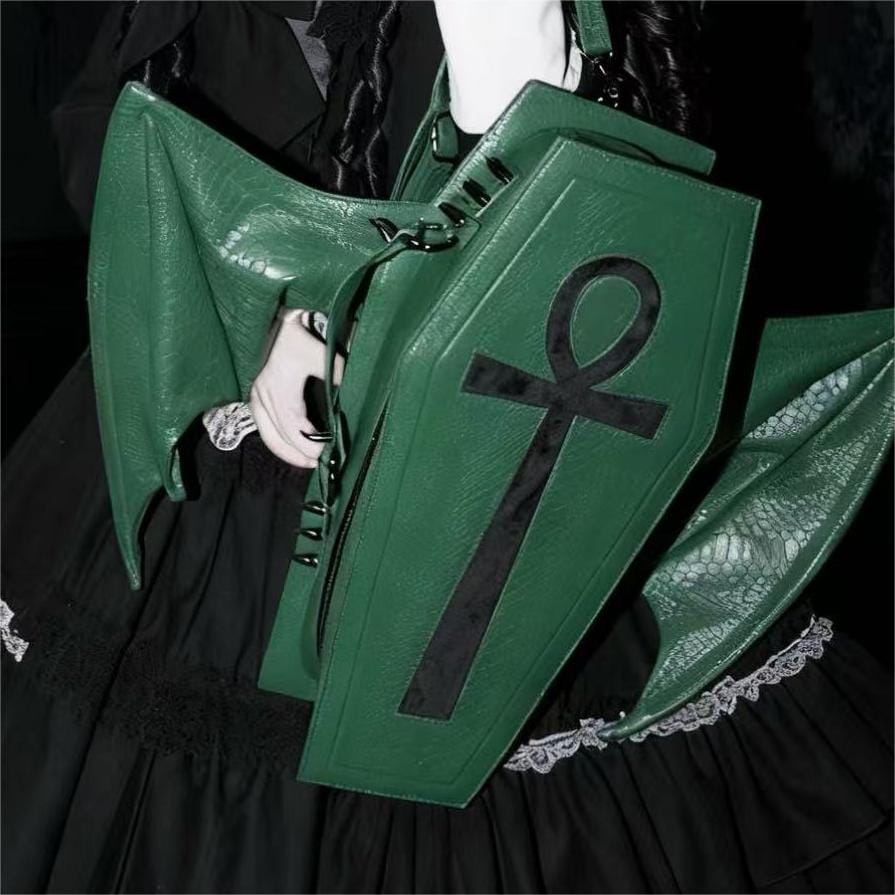 Punk Design Women's Gothic Cross Bat Wing Coffin Bag Green
