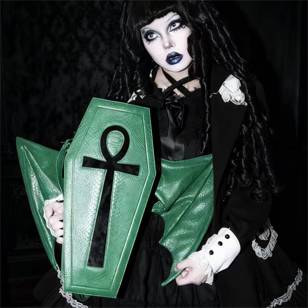 Punk Design Women's Gothic Cross Bat Wing Coffin Bag Green