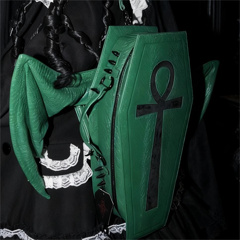 Punk Design Women's Gothic Cross Bat Wing Coffin Bag Green
