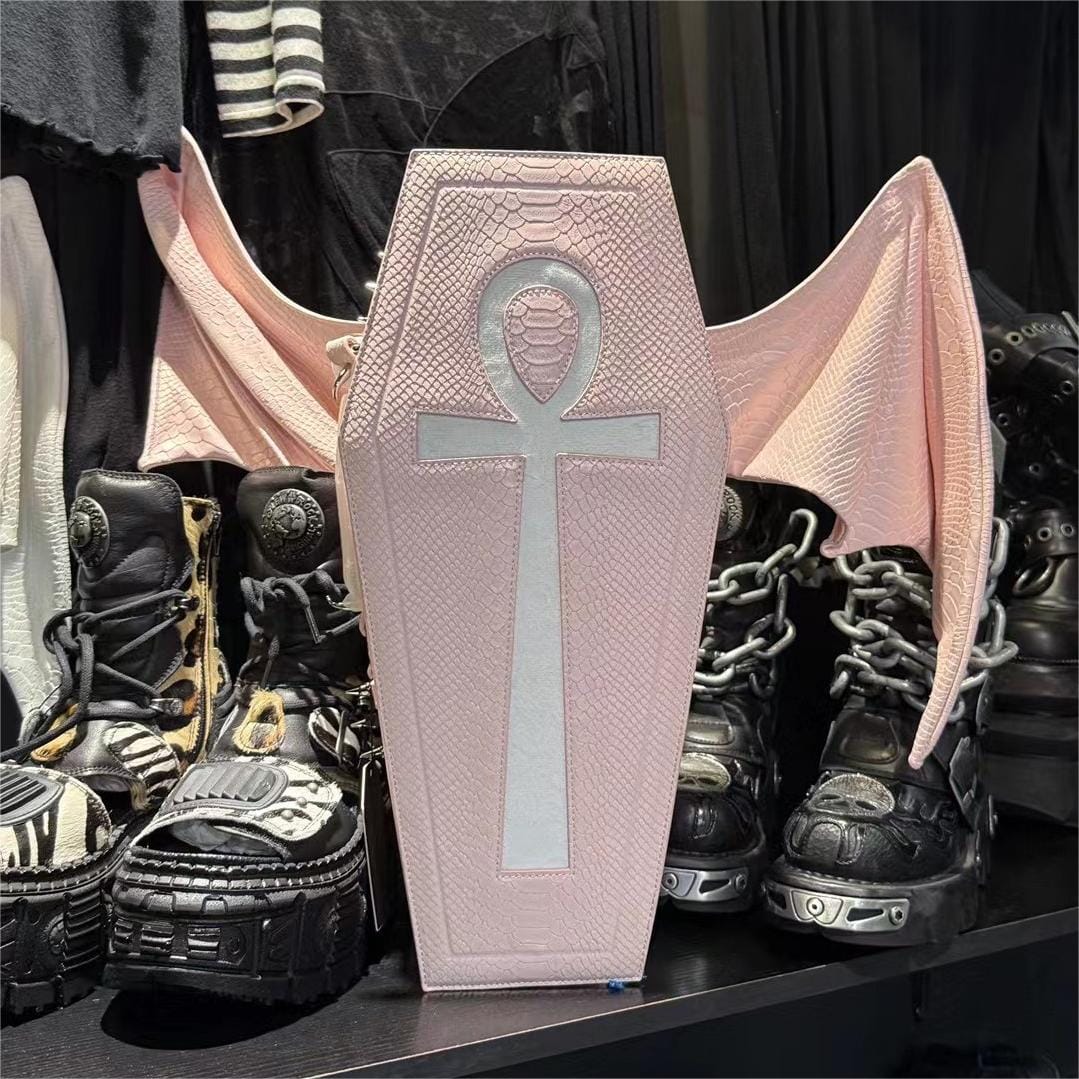 Punk Design Women's Gothic Cross Bat Wing Coffin Bag Pink