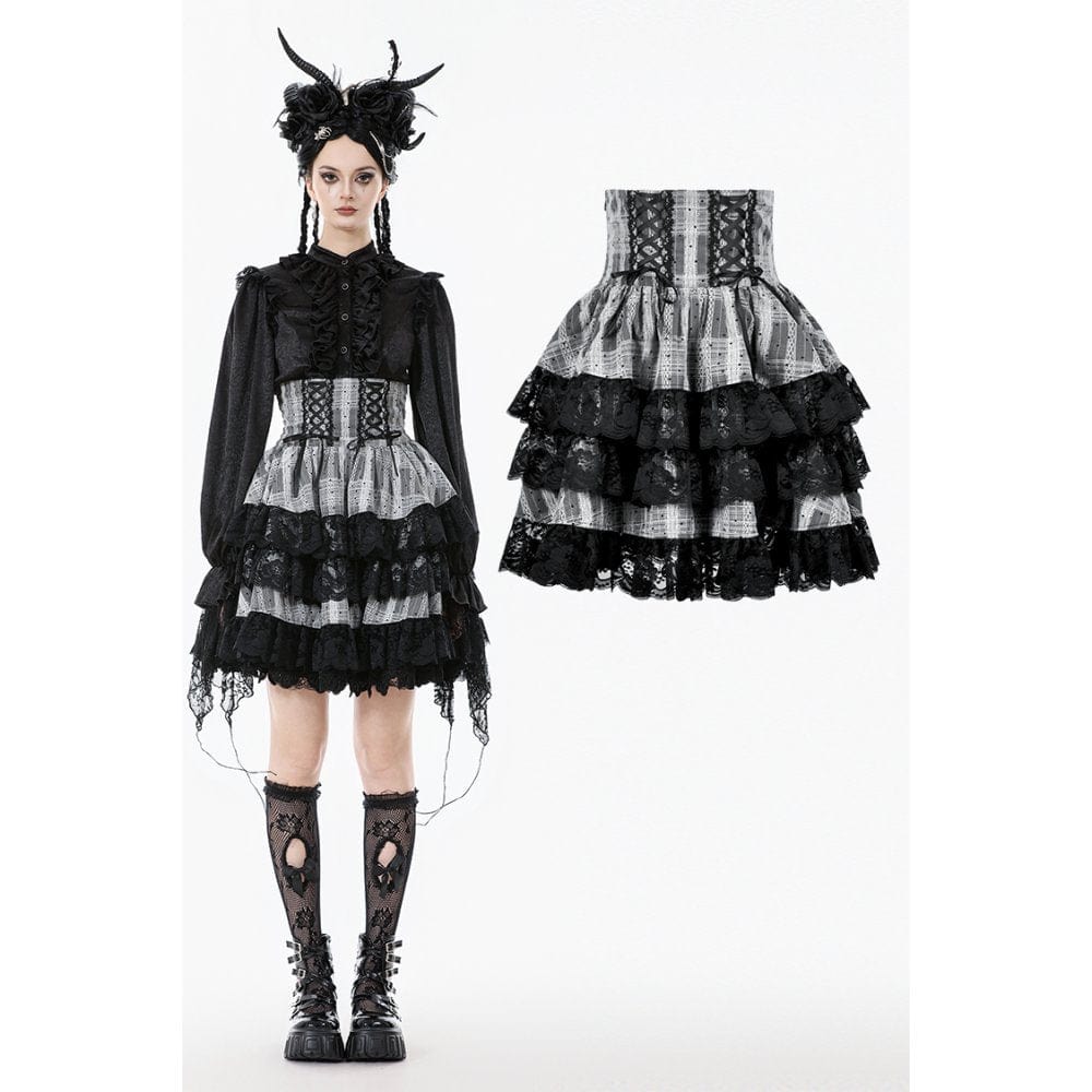 Punk Design Women's Gothic Layered Hem Lace-up High-Waist Skirt