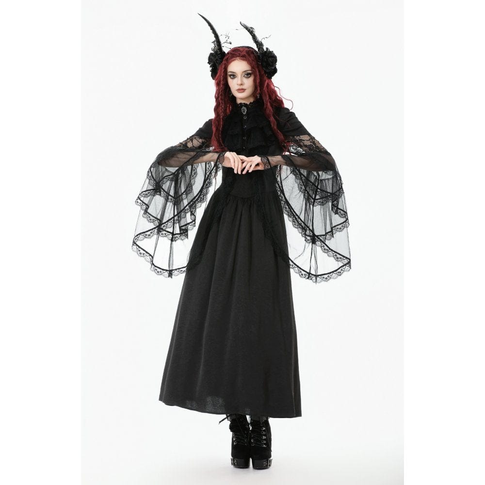 Punk Design Women's Gothic Stand Collar Ruffled Mesh Flared Sleeved Dress