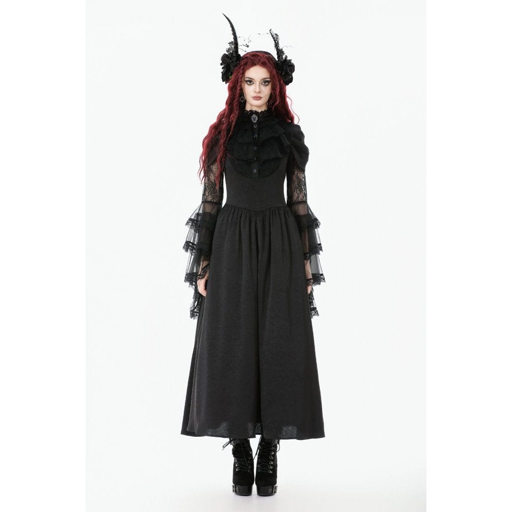 Punk Design Women's Gothic Stand Collar Ruffled Mesh Flared Sleeved Dress