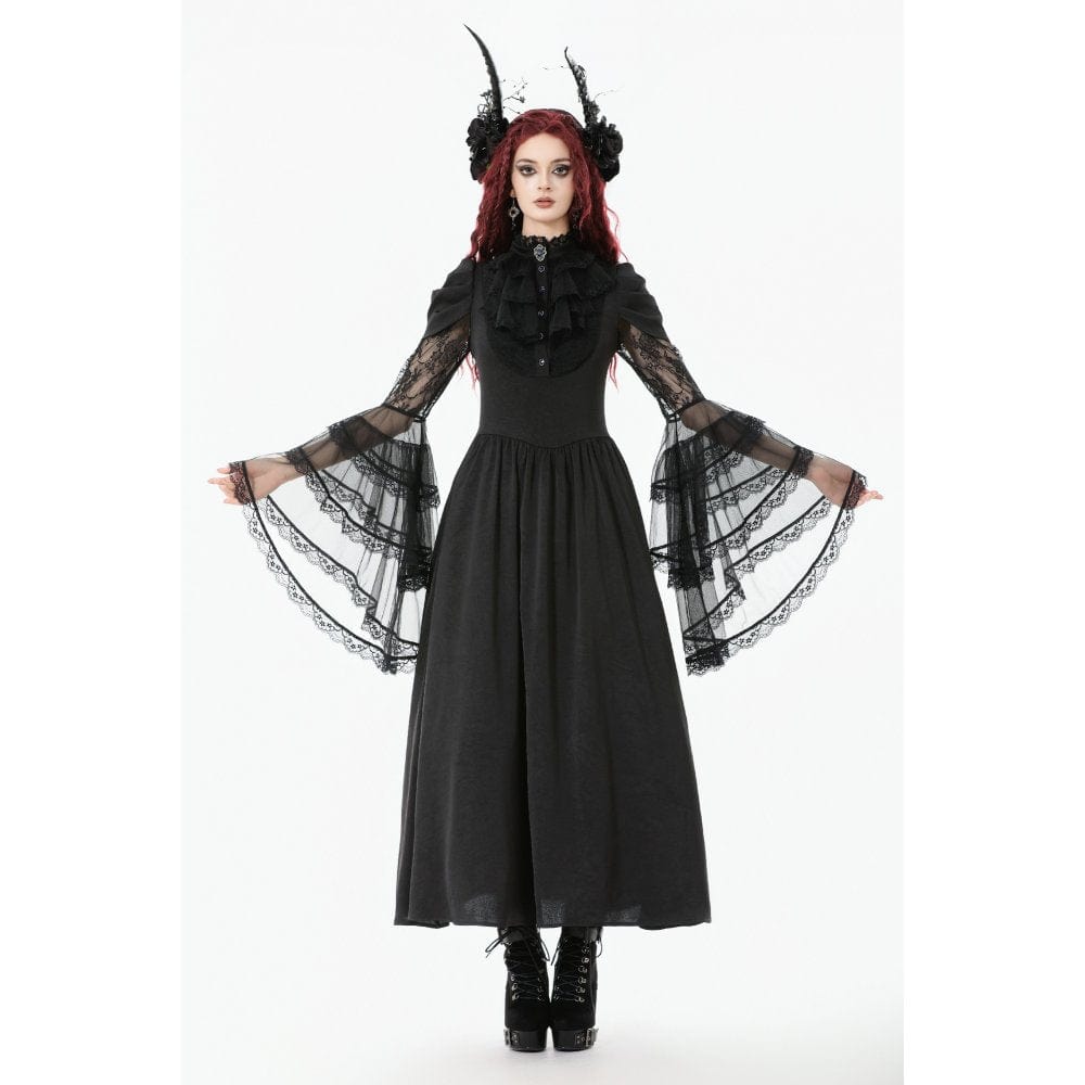 Punk Design Women's Gothic Stand Collar Ruffled Mesh Flared Sleeved Dress