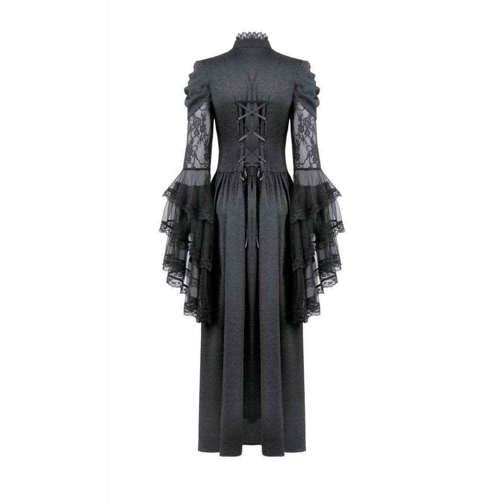 Punk Design Women's Gothic Stand Collar Ruffled Mesh Flared Sleeved Dress
