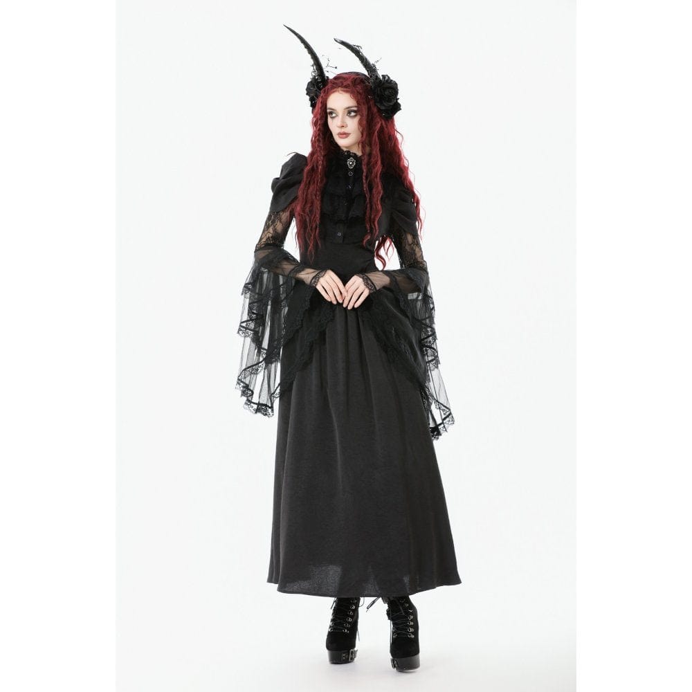 Punk Design Women's Gothic Stand Collar Ruffled Mesh Flared Sleeved Dress