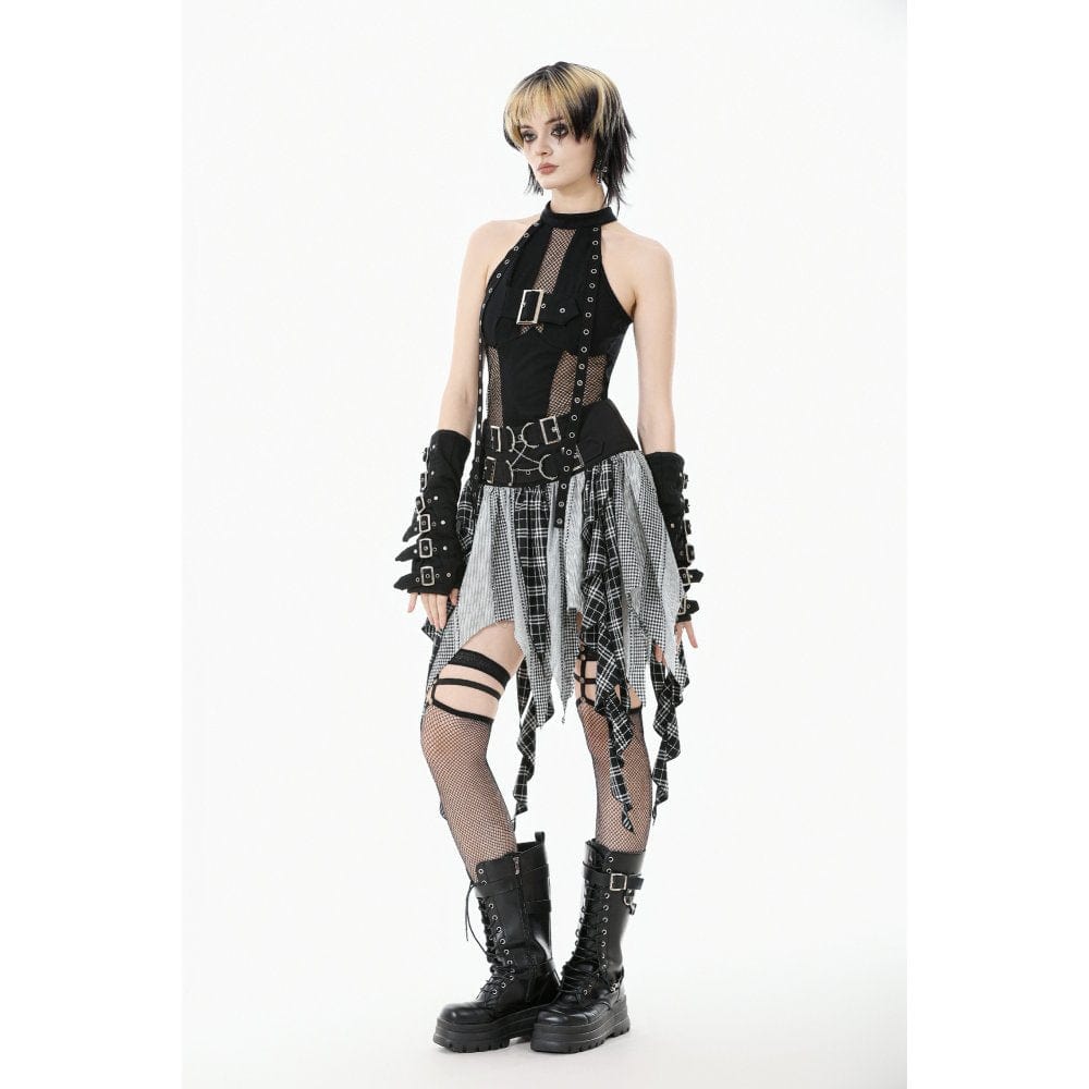 Punk Design Women's Grunge Buckle Strap Irregular Plaid Patchwork Skirt