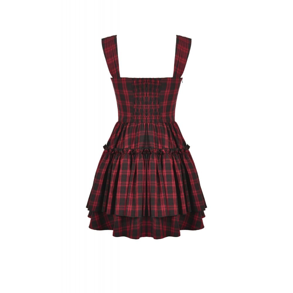 Punk Design Women's Grunge Lace-up Ruched Plaid Cake Dress