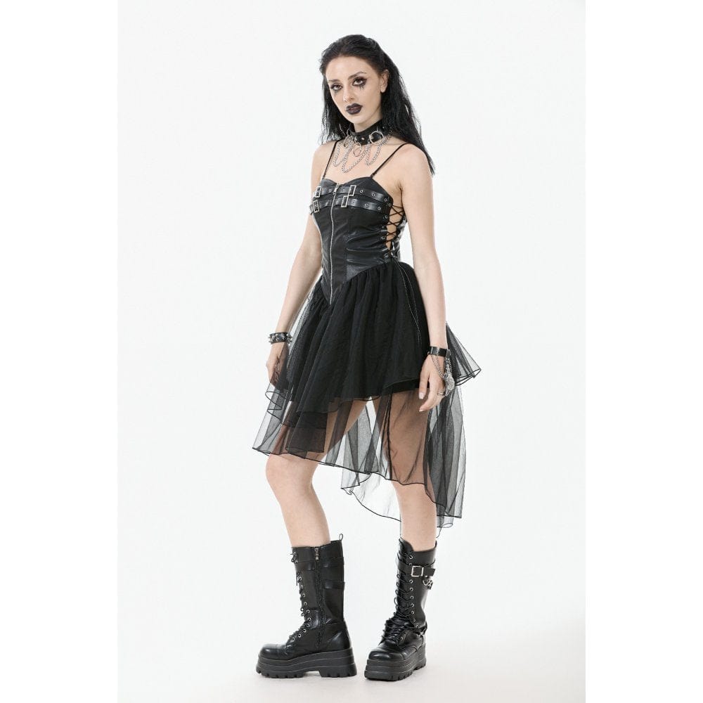 Punk Design Women's Punk Buckle Strap Lace-up Mesh Splice Slip Dress