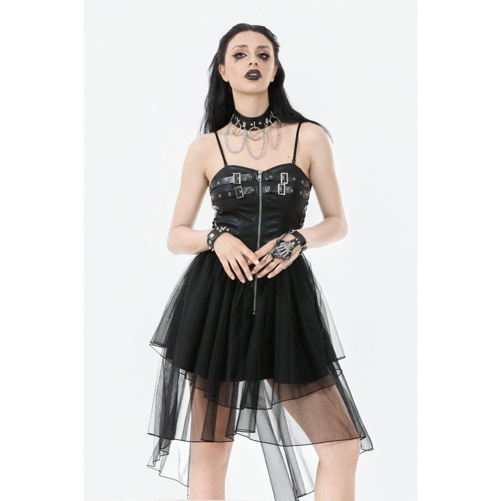 Punk Design Women's Punk Buckle Strap Lace-up Mesh Splice Slip Dress