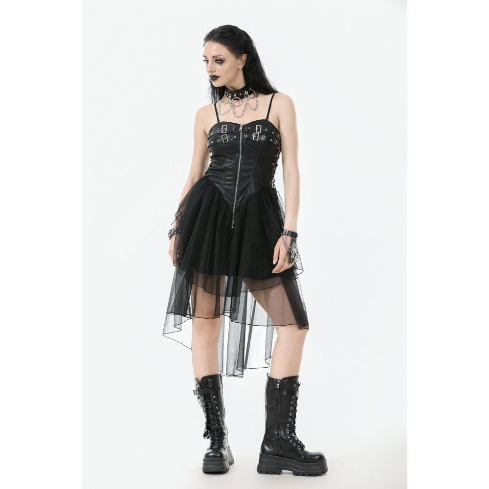 Punk Design Women's Punk Buckle Strap Lace-up Mesh Splice Slip Dress