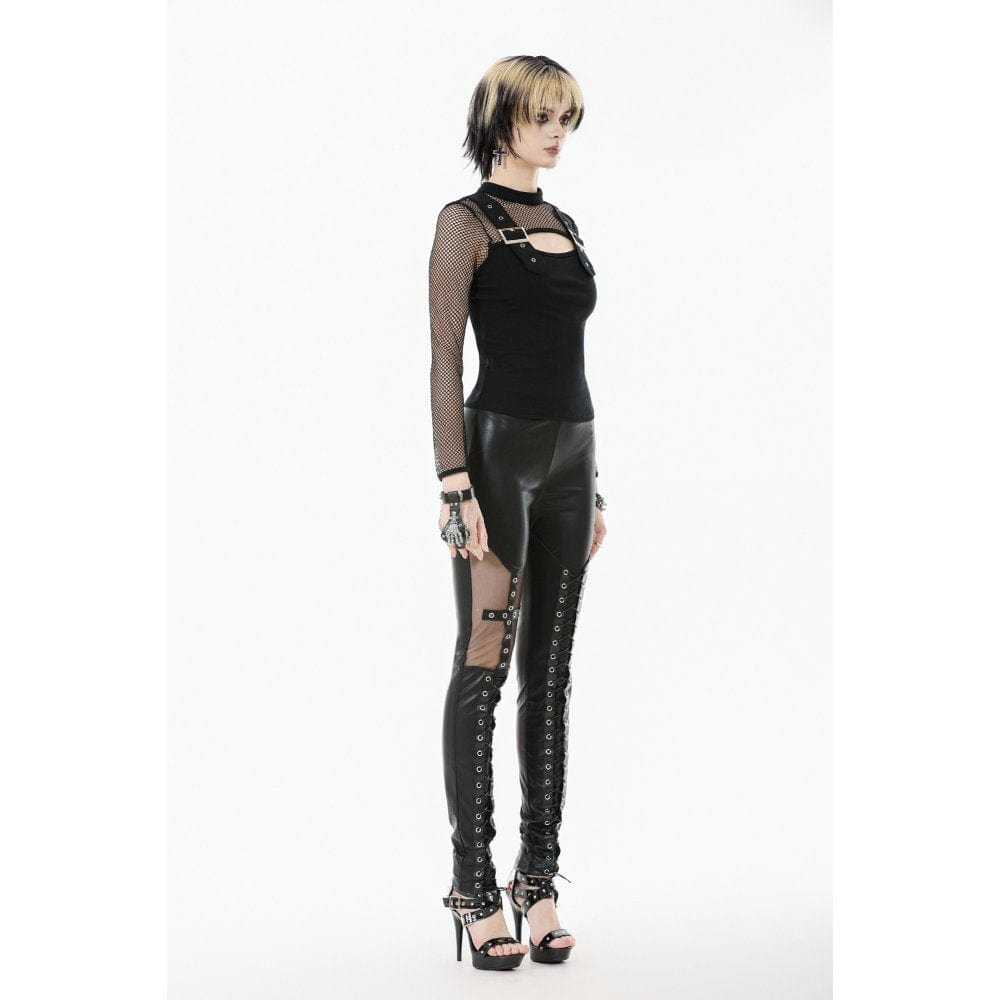 Punk Design Women's Punk Cut-out Buckle Strap Mesh Splice Top